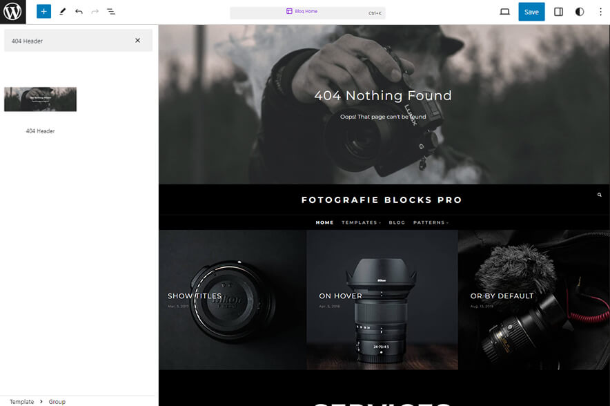 Fotografie Blocks Pro - 404 Header