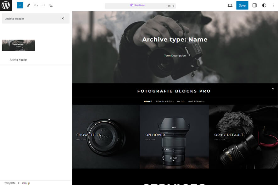 Fotografie Blocks Pro - Archive Header