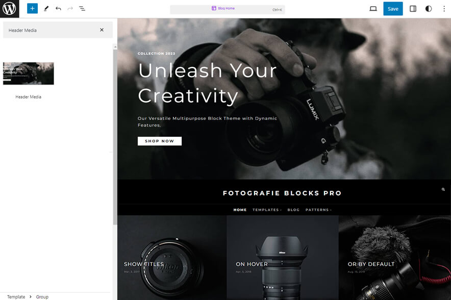 Fotografie Blocks Pro - Header Media