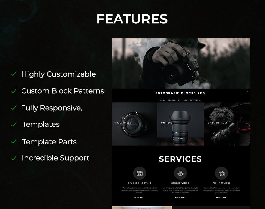 Fotografie Blocks Pro - Photography WordPress Block Theme Features