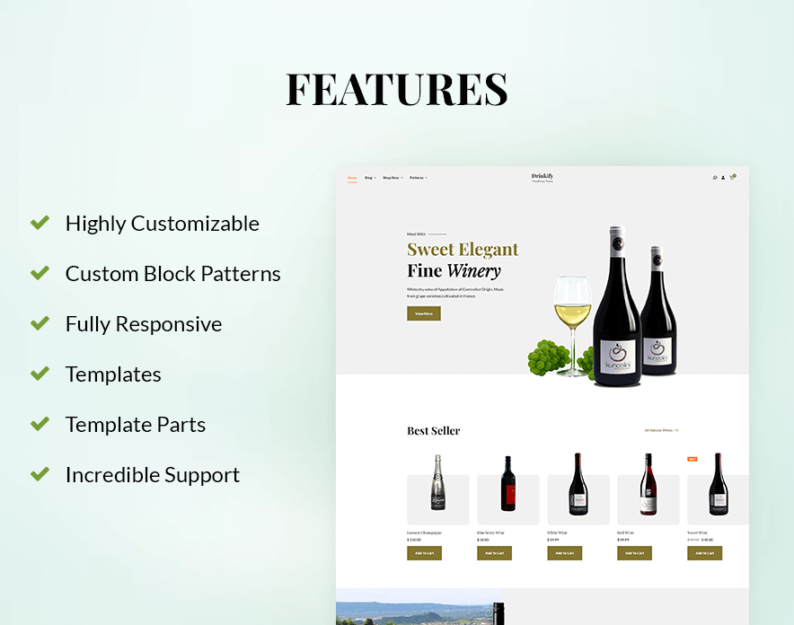 Drinkify - eCommerce WordPress Block Theme Features